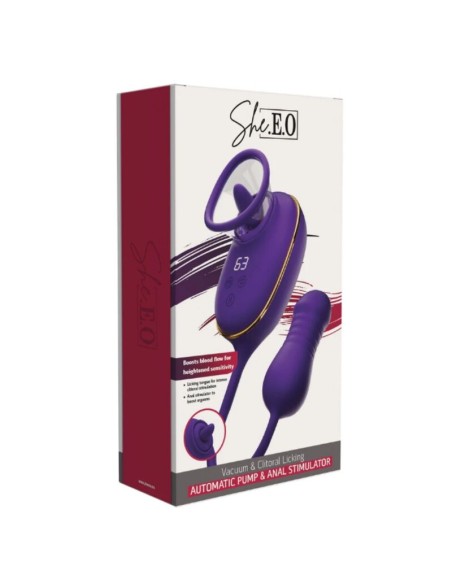 SHEEO SUCCIONADOR DE CLATORIS CON EFECTO LICKING Y ESTIMULADOR ANAL MORADO