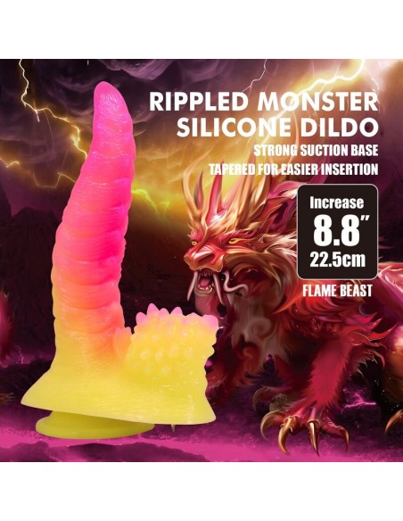 POWER MONSTERS RIPPLIED MONSTER DILDO FANTASAA CON VENTOSA 225 CM A 55 CM ROSA Y AMARILLO
