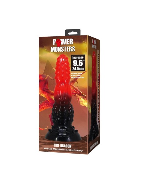 POWER MONSTERS FIRE DRAGON DILDO FANTASAA CON VENTOSA 245 CM A 58 CM ROJO Y NEGRO