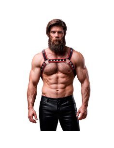 FETISH SUBMISSIVE ATTITUDE ARNAS BULLDOG ECOPIEL PECHO HOMBRE NEGRO ROJO