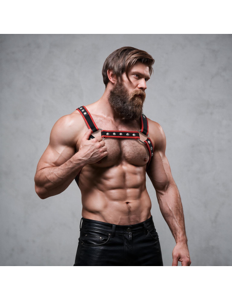 FETISH SUBMISSIVE ATTITUDE ARNAS BULLDOG ECOPIEL PECHO HOMBRE NEGRO ROJO