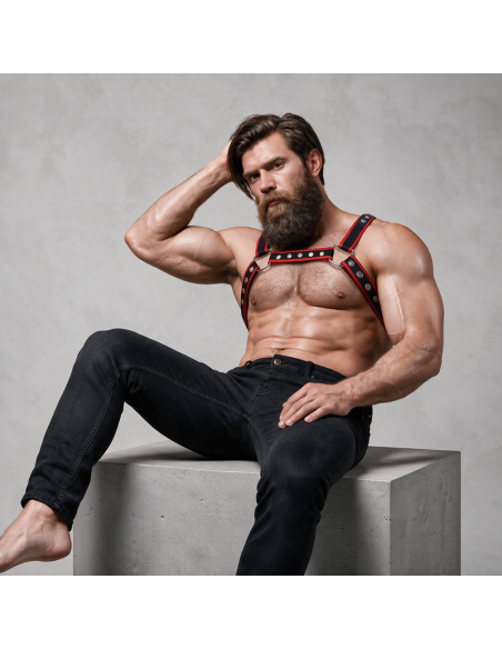 FETISH SUBMISSIVE ATTITUDE ARNAS BULLDOG ECOPIEL PECHO HOMBRE NEGRO ROJO