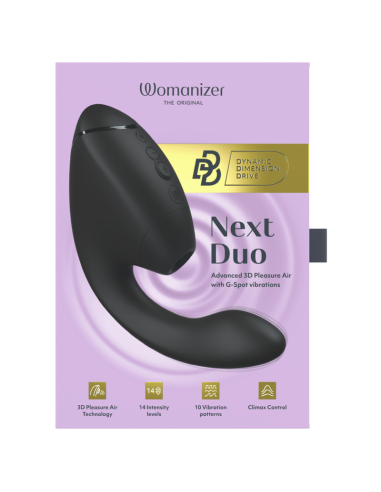 WOMANIZER DUO NEXT ESTIMULADOR VIBRADOR DUAL CLATORIS PUNTOAG NEGRO