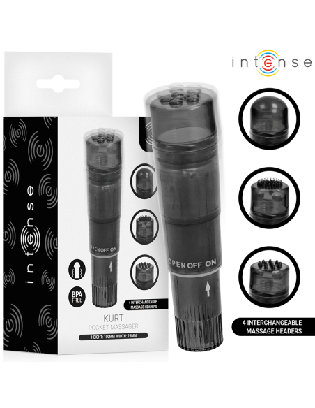 INTENSE KURT MINI MASAJEADOR CON 4 CABEZALES INTERCAMBIABLES NEGRO