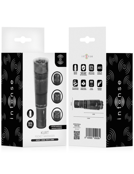 INTENSE KURT MINI MASAJEADOR CON 4 CABEZALES INTERCAMBIABLES NEGRO