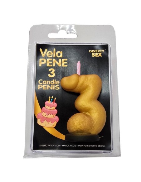 DIABLO PICANTE VELA PENE EN FORMA DE NAMERO 3 COLOR DORADO
