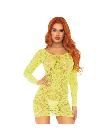 LEG AVENUE MINI VESTIDO DE ENCAJES MANGA LARGA NEON TALLA UNICA