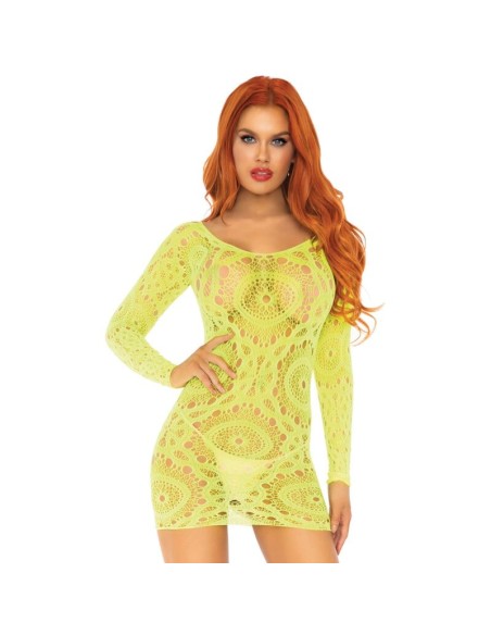 LEG AVENUE MINI VESTIDO DE ENCAJES MANGA LARGA NEON TALLA UNICA