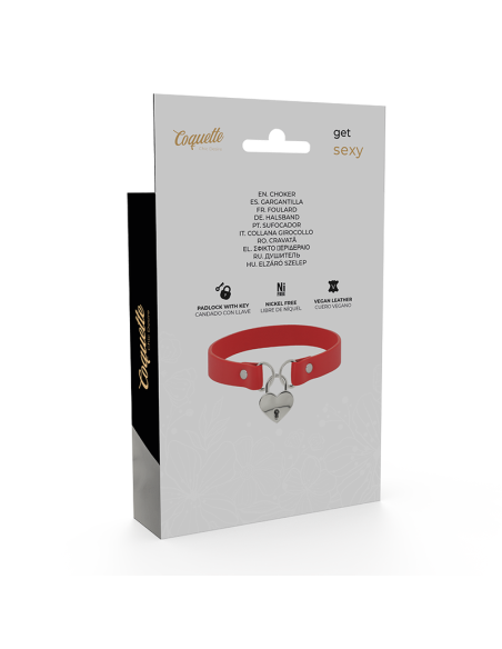 COQUETTE COLLAR CUERO VEGANO ROJO ACCESORIO CORAZoN CON LLAVE