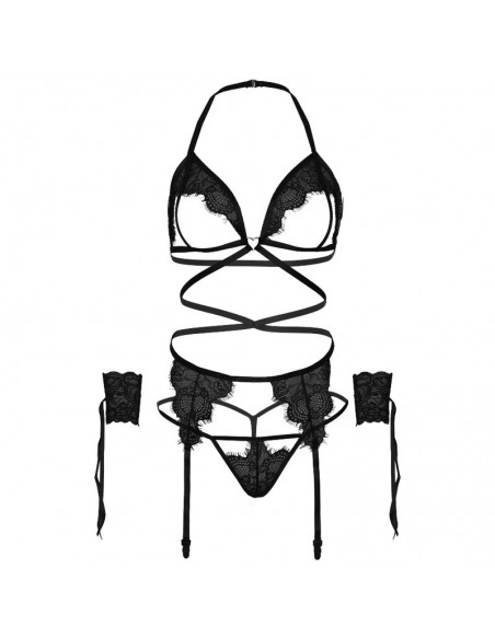 LEG AVENUE SET CUATRO PIEZAS SUJETADOR LIGUERO TANGA Y PUNOS TALLA UNICA NEGRO