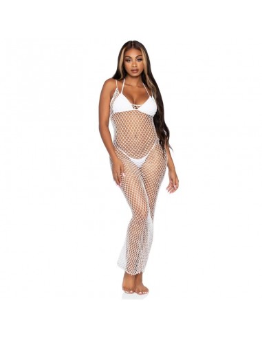 LEG AVENUE MAXI VESTIDO DE RED TRENZADA CON ESPALDA DESCUBIERTA BLANCO