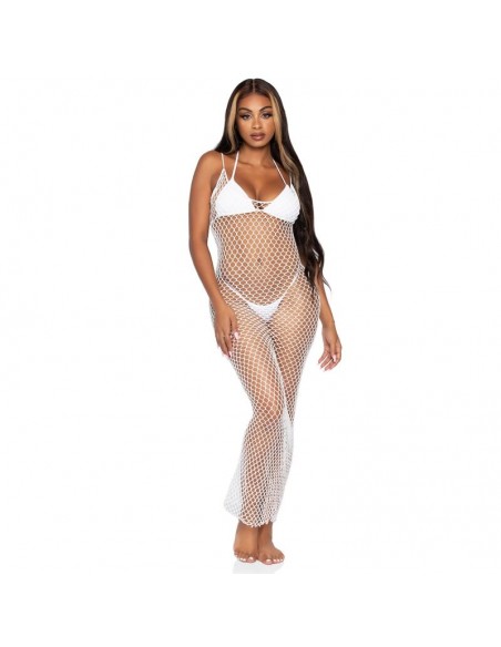 LEG AVENUE MAXI VESTIDO DE RED TRENZADA CON ESPALDA DESCUBIERTA BLANCO