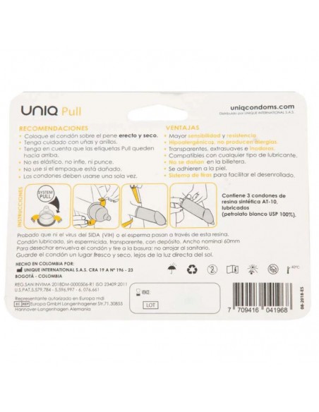 UNIQ PULL PRESERVATIVOS CON TIRAS SIN LATEX 3 UNIDADES
