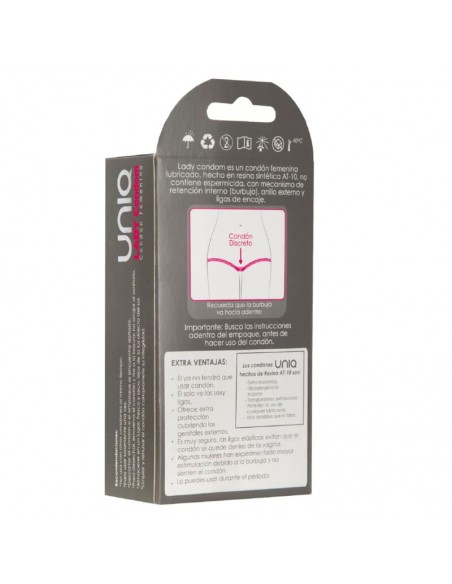 UNIQ LADY CONDOM PRESERVATIVOS FEMENINOS CON LIGUERO SIN LATEX 3 UNIDADES