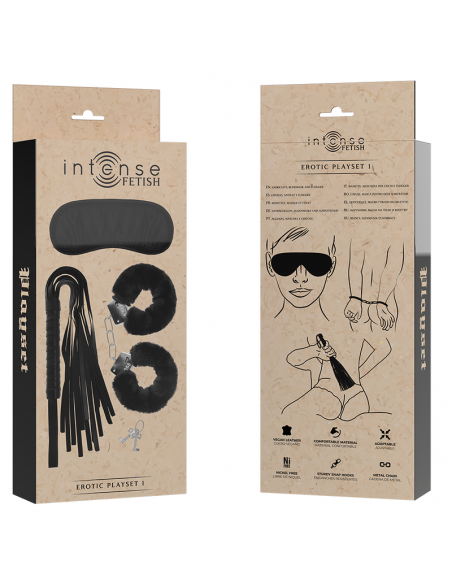 INTENSE FETISH SET ERoTICO 1 CON ESPOSAS ANTIFAZ Y LaTIGO DE CUERO VEGANO