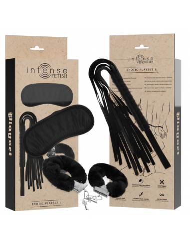 INTENSE FETISH SET ERoTICO 1 CON ESPOSAS ANTIFAZ Y LaTIGO DE CUERO VEGANO