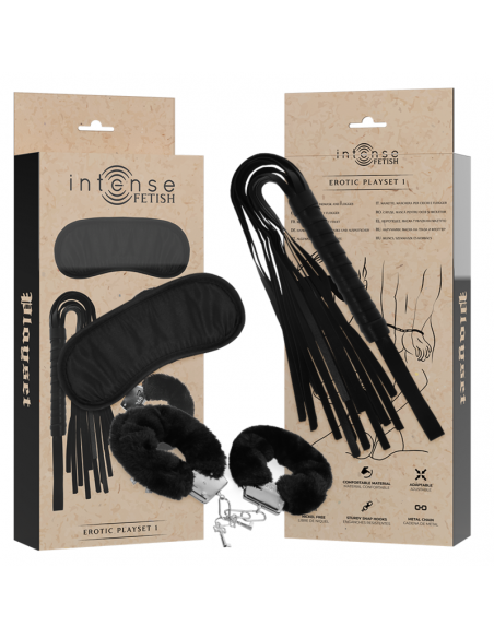 INTENSE FETISH SET ERoTICO 1 CON ESPOSAS ANTIFAZ Y LaTIGO DE CUERO VEGANO