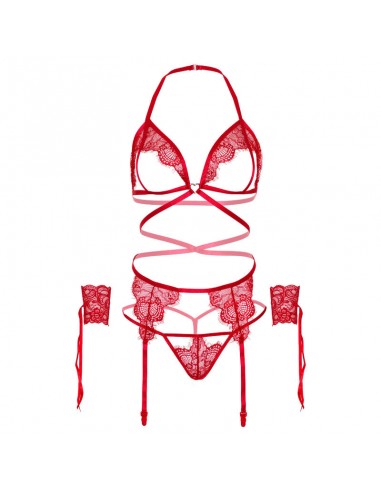 LEG AVENUE SET CUATRO PIEZAS SUJETADOR LIGUERO TANGA Y PUNOS TALLA UNICA ROJO