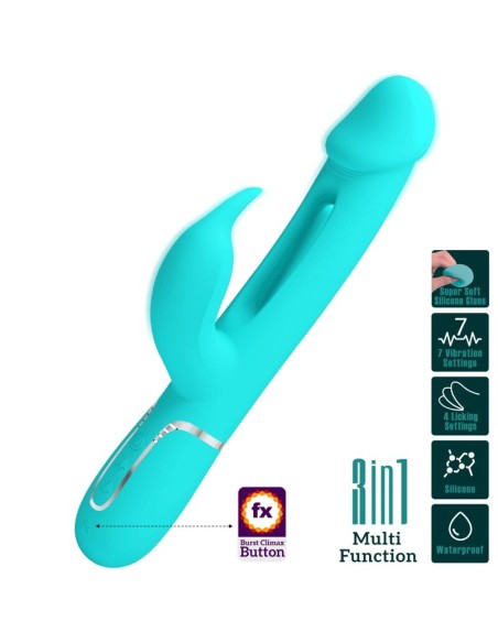 PRETTY LOVE KAMPAS VIBRADOR RABBIT 3 EN 1 MULTIFUNCION CON LENGUA VERDE AGUA