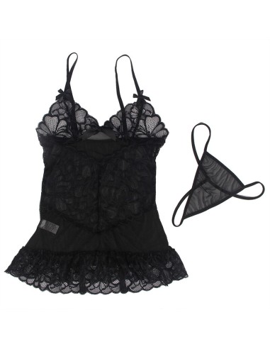 SUBBLIME BABYDOLL CON TIRANTES AJUSTABLES Y ESTAMPADO FLORAL DE ENCAJE TRANSPARENTE NEGRO S M
