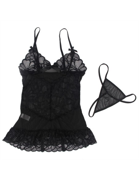 SUBBLIME BABYDOLL CON TIRANTES AJUSTABLES Y ESTAMPADO FLORAL DE ENCAJE TRANSPARENTE NEGRO S M