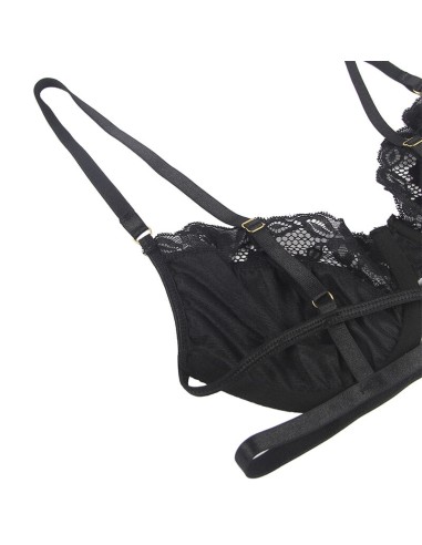 SUBBLIME SET DE 3 PIEZAS SUJETADOR TANGA LIGA ENCAJE NEGRO S M