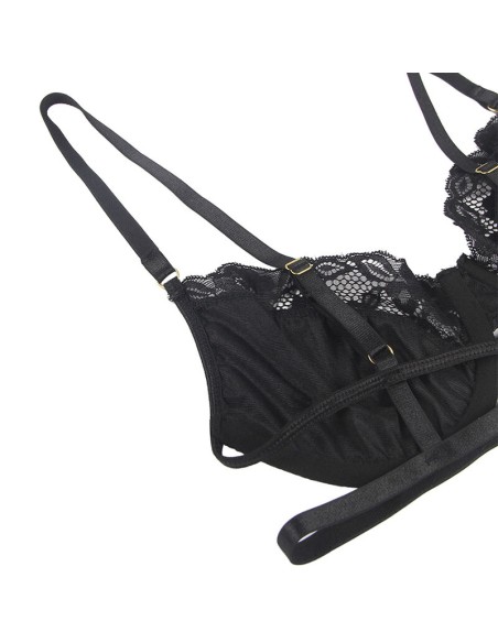 SUBBLIME SET DE 3 PIEZAS SUJETADOR TANGA LIGA ENCAJE NEGRO S M