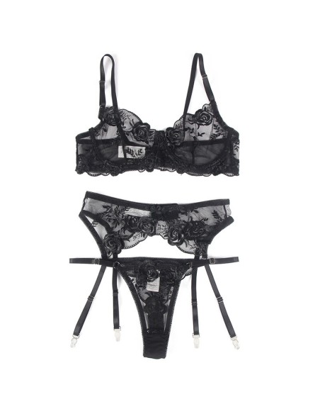 SUBBLIME SET DE 3 PIEZAS SUJETADOR TANGA LIGA ESTAMPADO FLORAL NEGRO S M