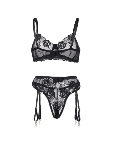 SUBBLIME SET DE 3 PIEZAS SUJETADOR TANGA LIGA ESTAMPADO FLORAL NEGRO S M