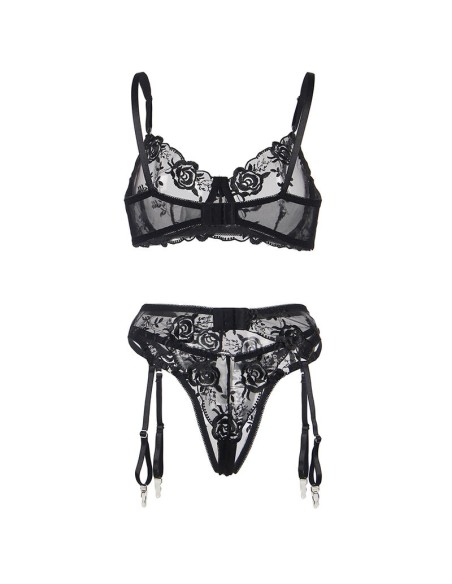 SUBBLIME SET DE 3 PIEZAS SUJETADOR TANGA LIGA ESTAMPADO FLORAL NEGRO S M