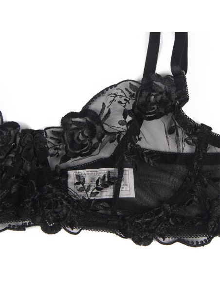 SUBBLIME SET DE 3 PIEZAS SUJETADOR TANGA LIGA ESTAMPADO FLORAL NEGRO S M