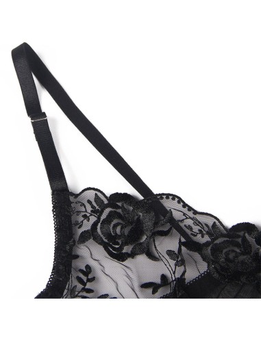 SUBBLIME SET DE 3 PIEZAS SUJETADOR TANGA LIGA ESTAMPADO FLORAL NEGRO S M