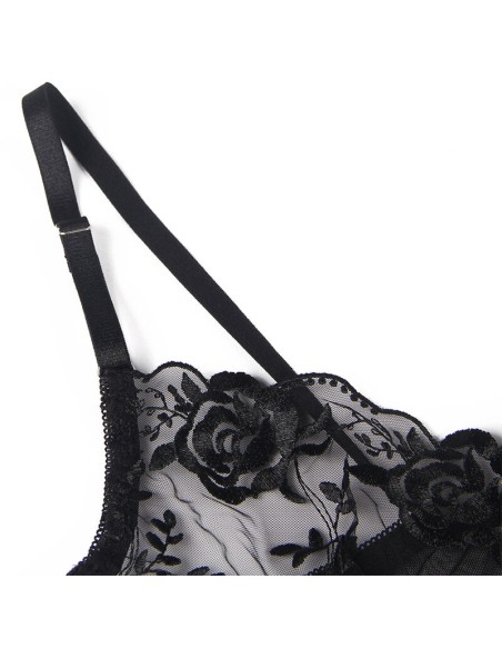 SUBBLIME SET DE 3 PIEZAS SUJETADOR TANGA LIGA ESTAMPADO FLORAL NEGRO S M