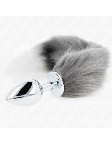 KINK PLUG ANAL TALLA L 10 X 4 CM CON COLA SINTATICA 40 CM PLATEADO Y BLANCO
