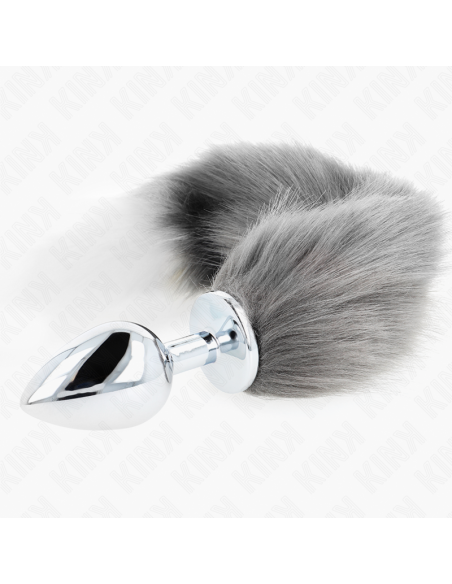 KINK PLUG ANAL TALLA L 10 X 4 CM CON COLA SINTATICA 40 CM PLATEADO Y BLANCO