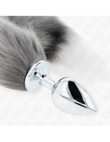 KINK PLUG ANAL TALLA L 10 X 4 CM CON COLA SINTATICA 40 CM PLATEADO Y BLANCO