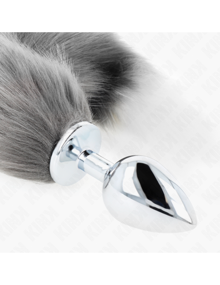 KINK PLUG ANAL TALLA L 10 X 4 CM CON COLA SINTATICA 40 CM PLATEADO Y BLANCO
