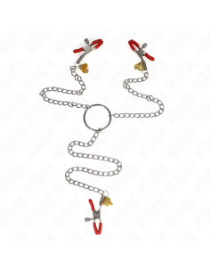 KINK PINZAS PARA PEZONES Y CLATORIS ROJAS CON CASCABEL DORADO Y CADENA 30 CM