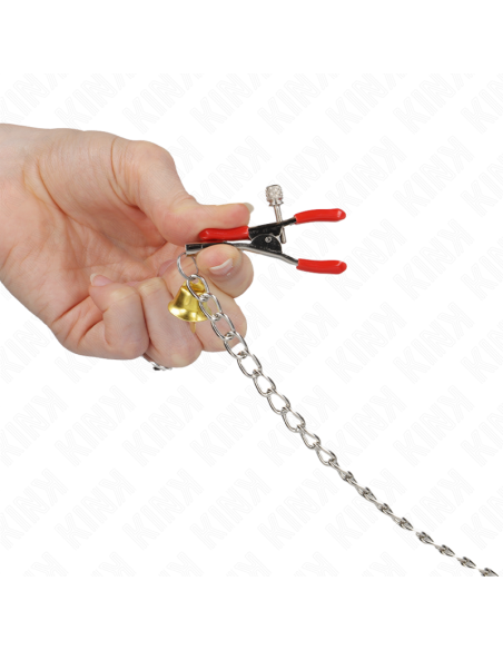 KINK PINZAS PARA PEZONES Y CLATORIS ROJAS CON CASCABEL DORADO Y CADENA 30 CM
