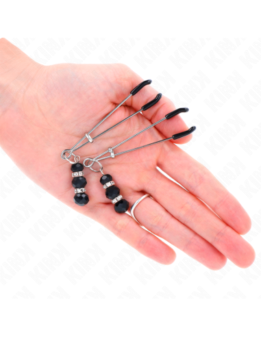 KINK PINZAS PARA PEZONES PLATEADA FINA CON TRIPLE BOLA DE VIDRIO NEGRO 7 CM