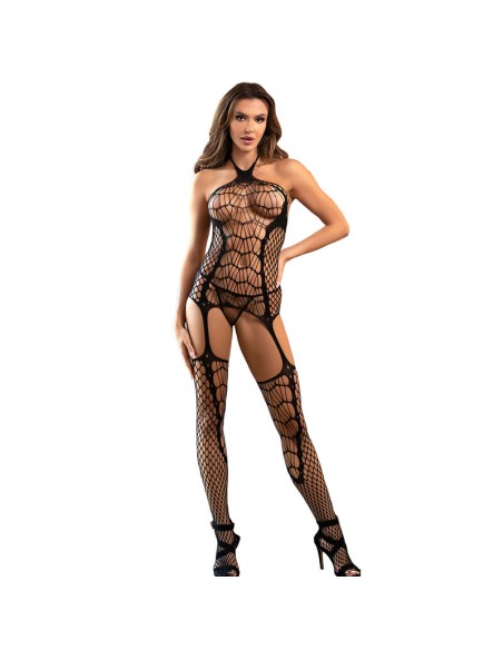 SUBBLIME 952105 BODYSTOCKING CROTCHLESS DE REJILLA CON CUELLO HALTER Y ESPALDA ABIERTA NEGRO TALLA ANICA