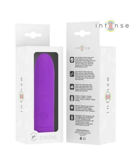 INTENSE SYMONE BALA VIBRADORA RECARGABLE POR USB 8 VIBRACIONES MORADO 10 X 22 CM
