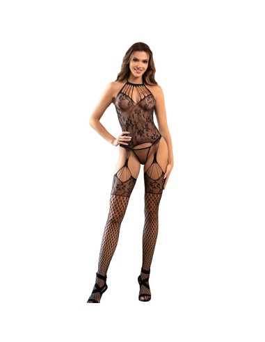 SUBBLIME 952136 BODYSTOCKING CROTCHLESS DE REJILLA CON DETALLES FLORALES Y CUELLO HALTER NEGRO TALLA ANICA