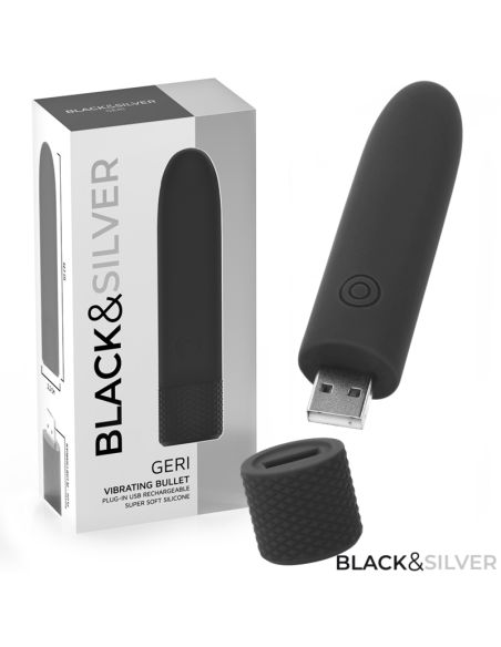 BLACK SILVER GERI BALA VIBRADORA RECARGABLE POR USB 8 VIBRACIONES NEGRO 10 X 22 CM