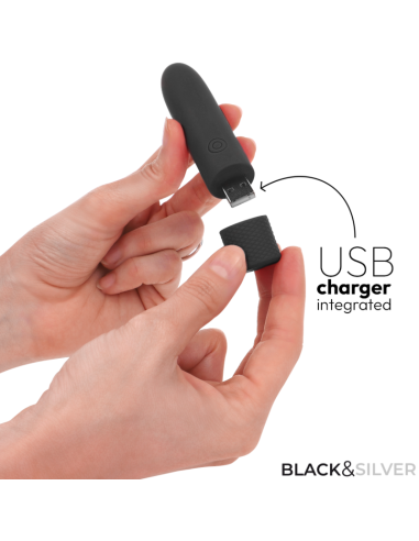 BLACK SILVER GERI BALA VIBRADORA RECARGABLE POR USB 8 VIBRACIONES NEGRO 10 X 22 CM
