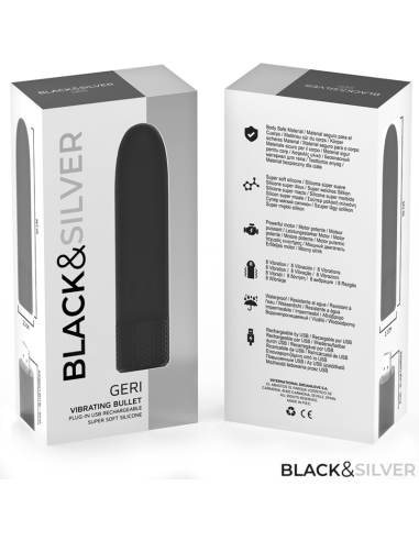 BLACK SILVER GERI BALA VIBRADORA RECARGABLE POR USB 8 VIBRACIONES NEGRO 10 X 22 CM