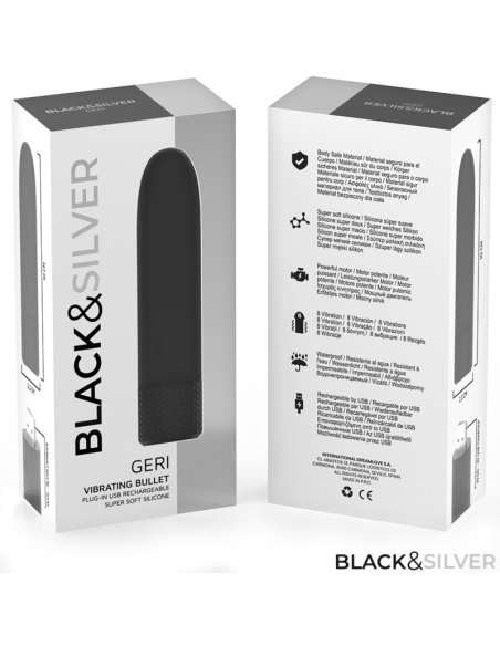 BLACK SILVER GERI BALA VIBRADORA RECARGABLE POR USB 8 VIBRACIONES NEGRO 10 X 22 CM
