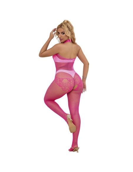 SUBBLIME 952389 BODYSTOCKING CROTCHLESS DE REJILLA Y ENCAJE CON CUELLO ALTO ROSA TALLA ANICA