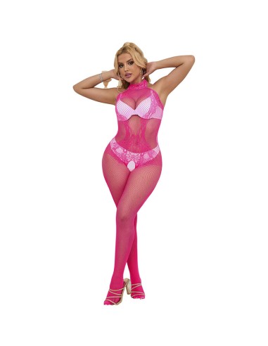 SUBBLIME 952389 BODYSTOCKING CROTCHLESS DE REJILLA Y ENCAJE CON CUELLO ALTO ROSA TALLA ANICA