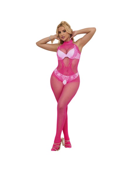SUBBLIME 952389 BODYSTOCKING CROTCHLESS DE REJILLA Y ENCAJE CON CUELLO ALTO ROSA TALLA ANICA